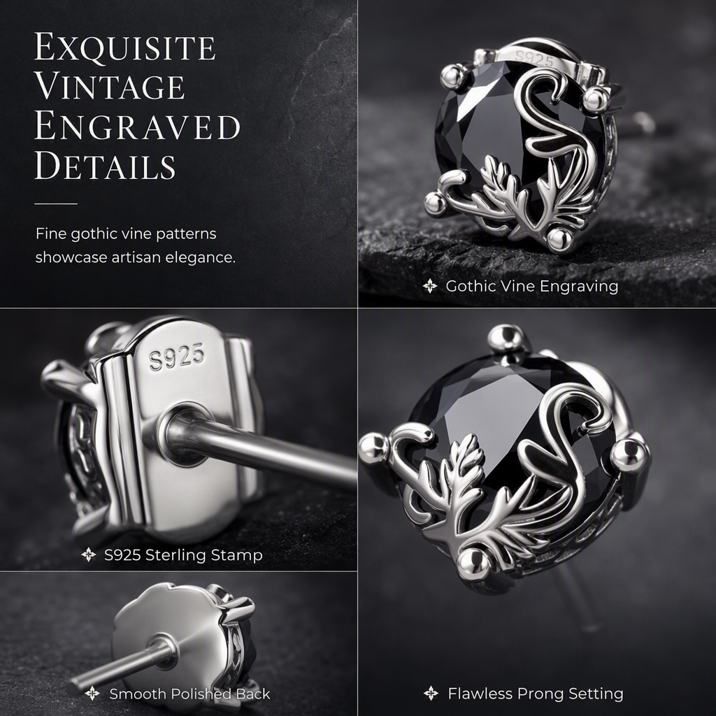 🖤 50% OFF! ✨ Gothic Vine Stud Earrings – Hypoallergenic S925 Sterling Silver, Mysterious Black Cubic Zirconia & Exquisite Vintage Engraving – Lightweight Dark Elegance for Daily Wear 🎀