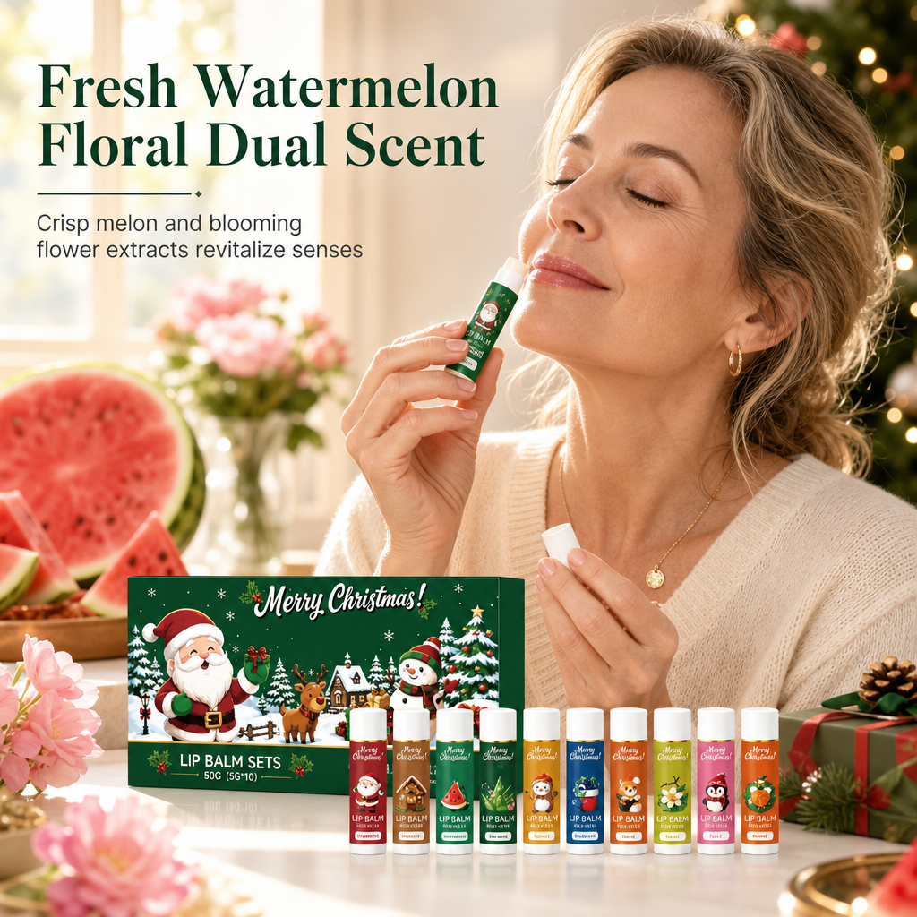 🎄 50% OFF! ✨ Christmas Lip Balm Set – 10-Piece Moisturizing Tubes, Watermelon & Floral Dual Scent & Natural Beeswax Formula – Festive Gift-Ready Winter Lip Care 💋