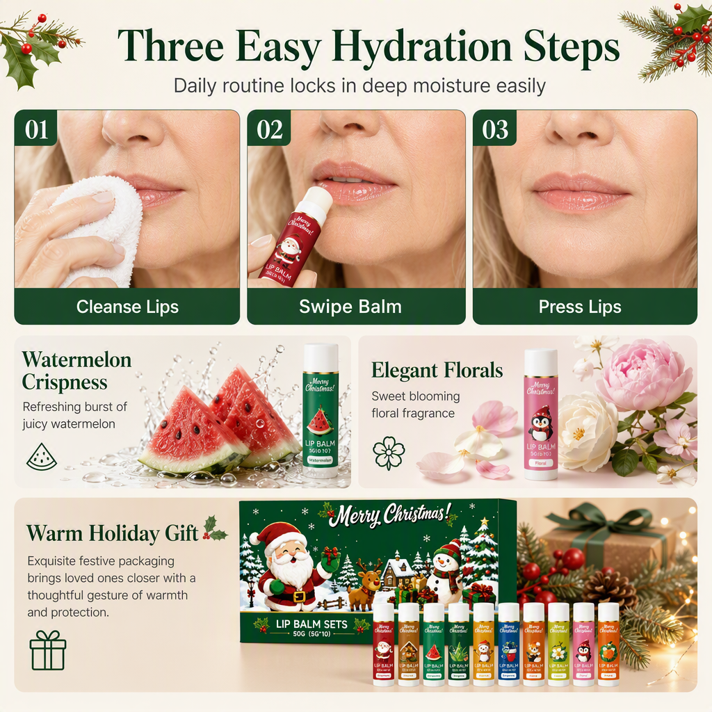 🎄 50% OFF! ✨ Christmas Lip Balm Set – 10-Piece Moisturizing Tubes, Watermelon & Floral Dual Scent & Natural Beeswax Formula – Festive Gift-Ready Winter Lip Care 💋