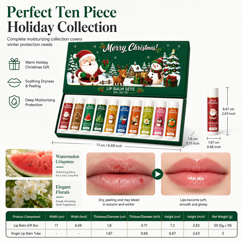🎄 50% OFF! ✨ Christmas Lip Balm Set – 10-Piece Moisturizing Tubes, Watermelon & Floral Dual Scent & Natural Beeswax Formula – Festive Gift-Ready Winter Lip Care 💋