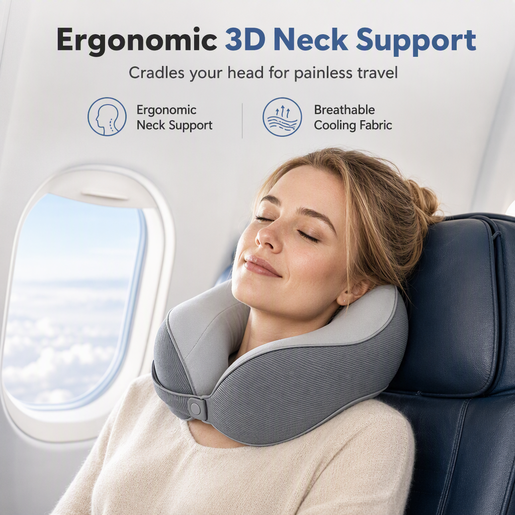 Memory Foam U-Shaped Travel Neck Pillow with Ice Silk Cover and Magnetic Buckle for Portable Neck Support