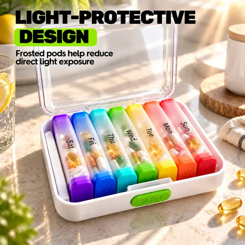 🧳 LIMITED-TIME 50% OFF! 💊 7-Day Detachable Pill Organizer – Color Coded, Portable, Light Resistant ✨