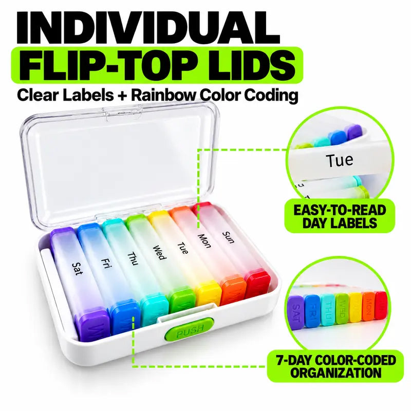 🧳 LIMITED-TIME 50% OFF! 💊 7-Day Detachable Pill Organizer – Color Coded, Portable, Light Resistant ✨