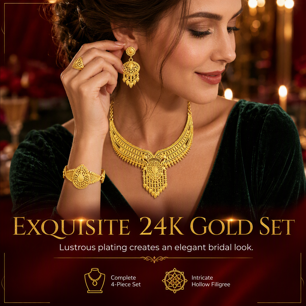 ⏳🔥LIMITED-TIME 50% OFF! ⏰24K Gold Plated Bridal Jewelry Set | Dubai Indian Style | Necklace Bracelet Ring & Earrings Set for Women💛💍📿