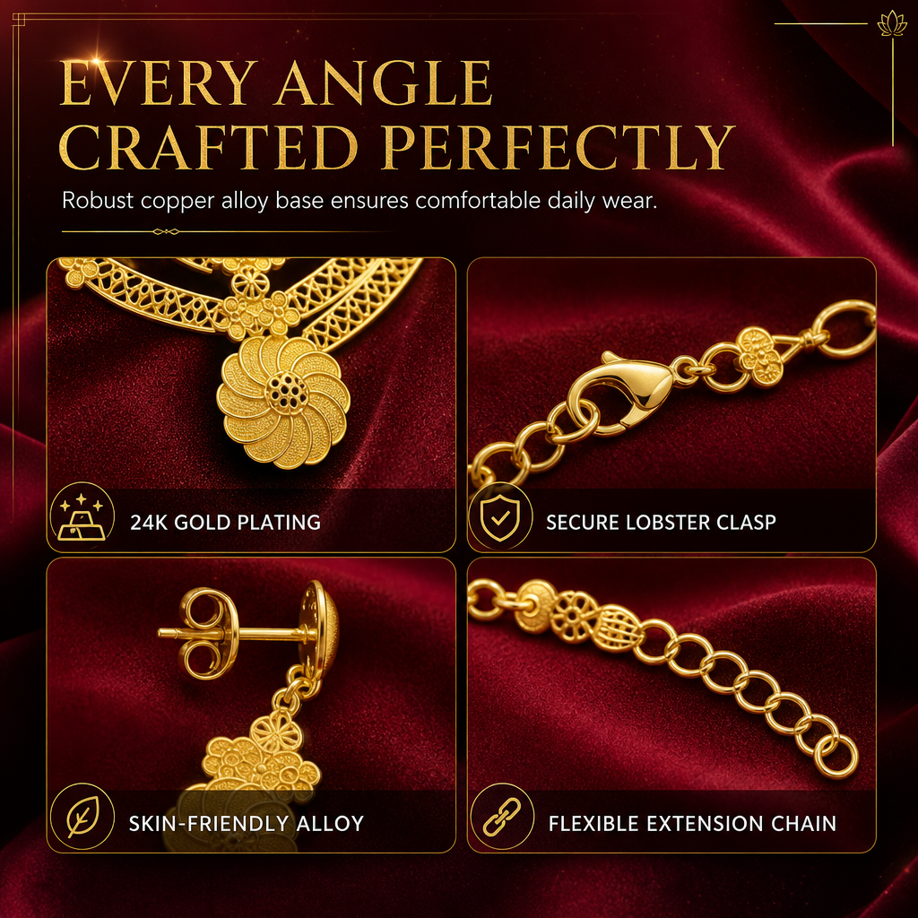 ⏳🔥LIMITED-TIME 50% OFF! ⏰24K Gold Plated Bridal Jewelry Set | Dubai Indian Style | Necklace Bracelet Ring & Earrings Set for Women💛💍📿