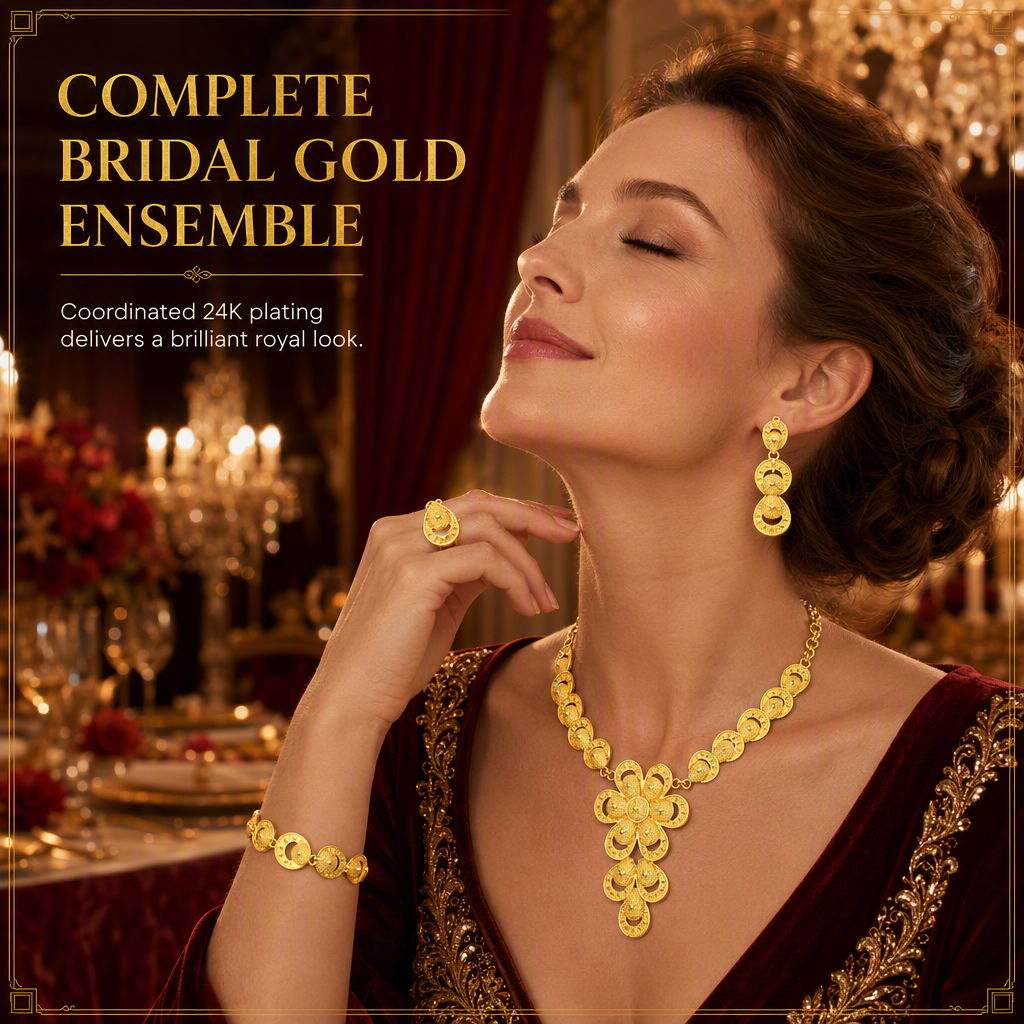 ⏳🔥LIMITED-TIME 50% OFF! ⏰24K Gold Plated Bridal Jewelry Set | Dubai Indian Style | Necklace Bracelet Ring & Earrings Set for Women💛💍📿
