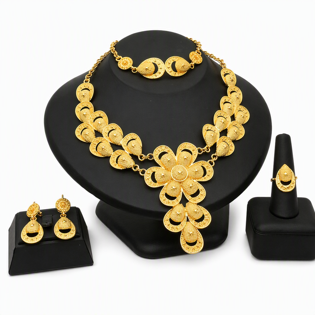 ⏳🔥LIMITED-TIME 50% OFF! ⏰24K Gold Plated Bridal Jewelry Set | Dubai Indian Style | Necklace Bracelet Ring & Earrings Set for Women💛💍📿