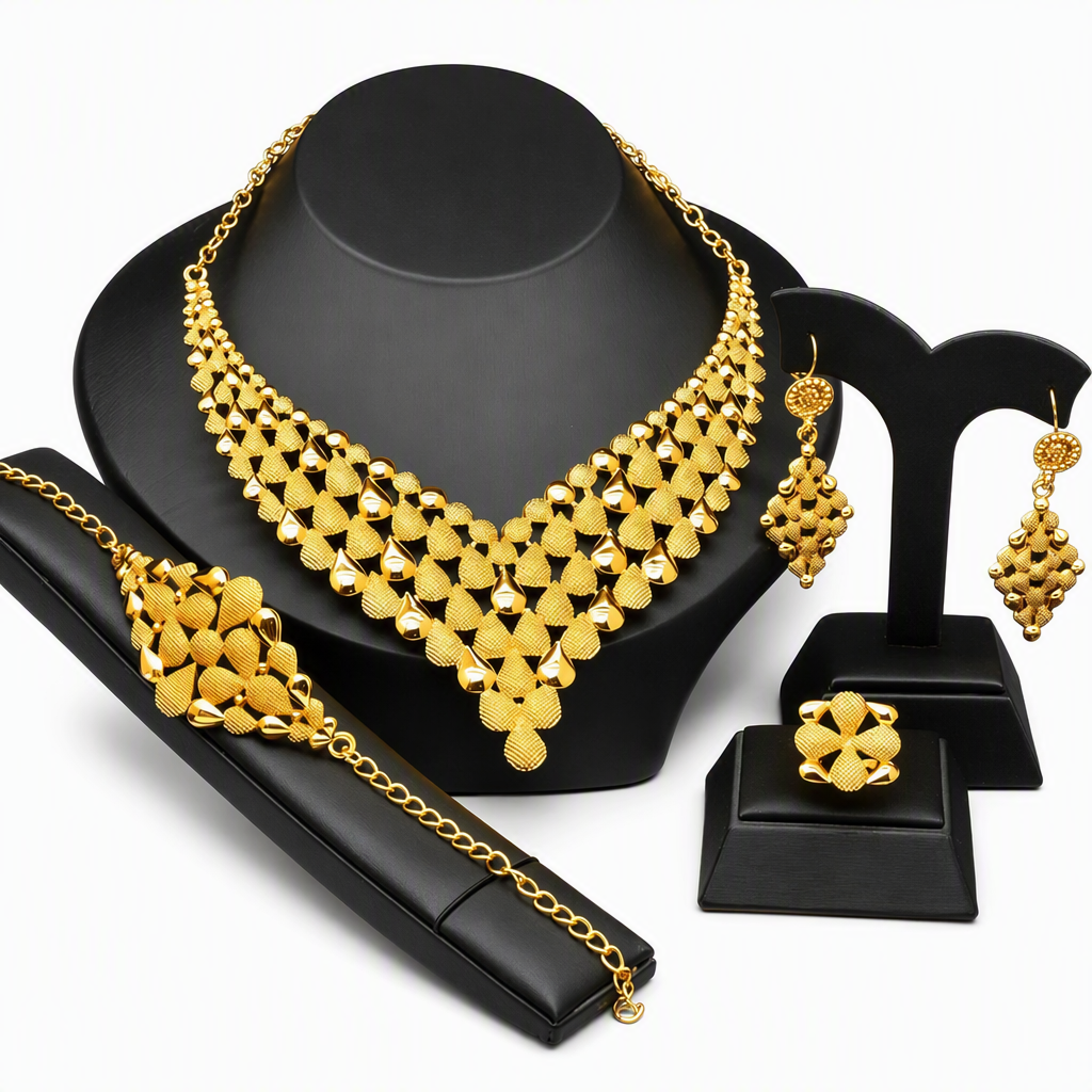 ⏳🔥LIMITED-TIME 50% OFF! ⏰24K Gold Plated Bridal Jewelry Set | Dubai Indian Style | Necklace Bracelet Ring & Earrings Set for Women💛💍📿