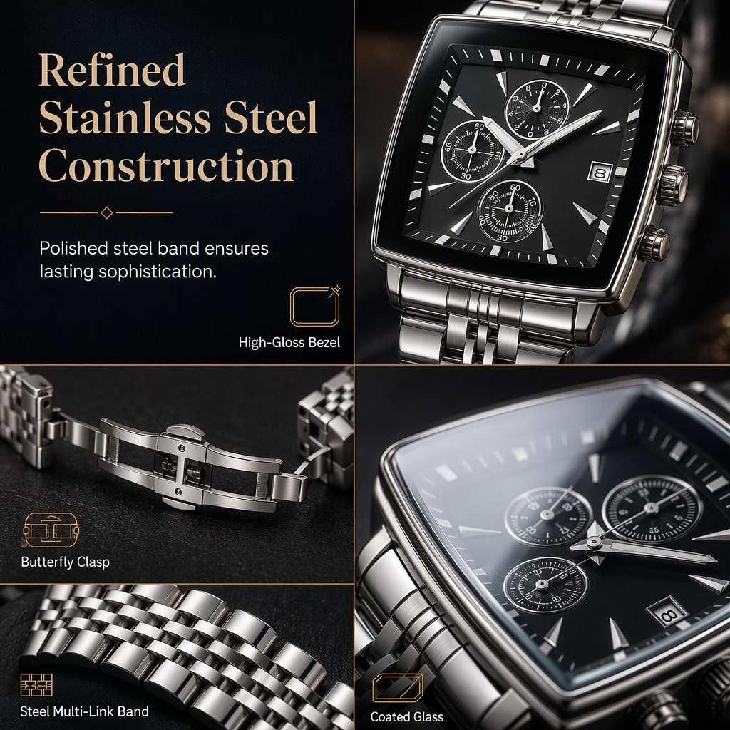 Men's Business Quartz Watch with Stainless Steel Band Waterproof Luminous Hands and Date Display