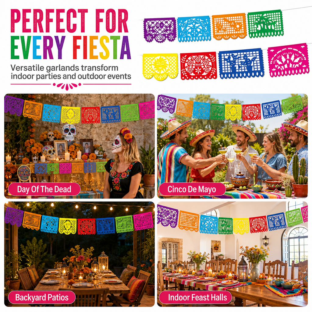 📢📢50% OFF !! ⏰Mexican Plastic Banner Day of the Dead Paper Cut Style Garland for Cinco de Mayo and Halloween Party