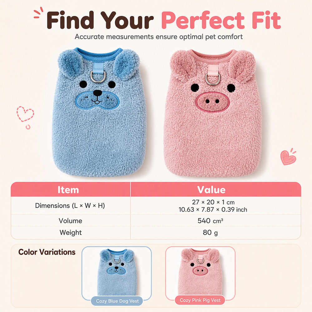 Warm Fleece Lined Pet Vest with Cartoon Embroidery for Dogs and Cats