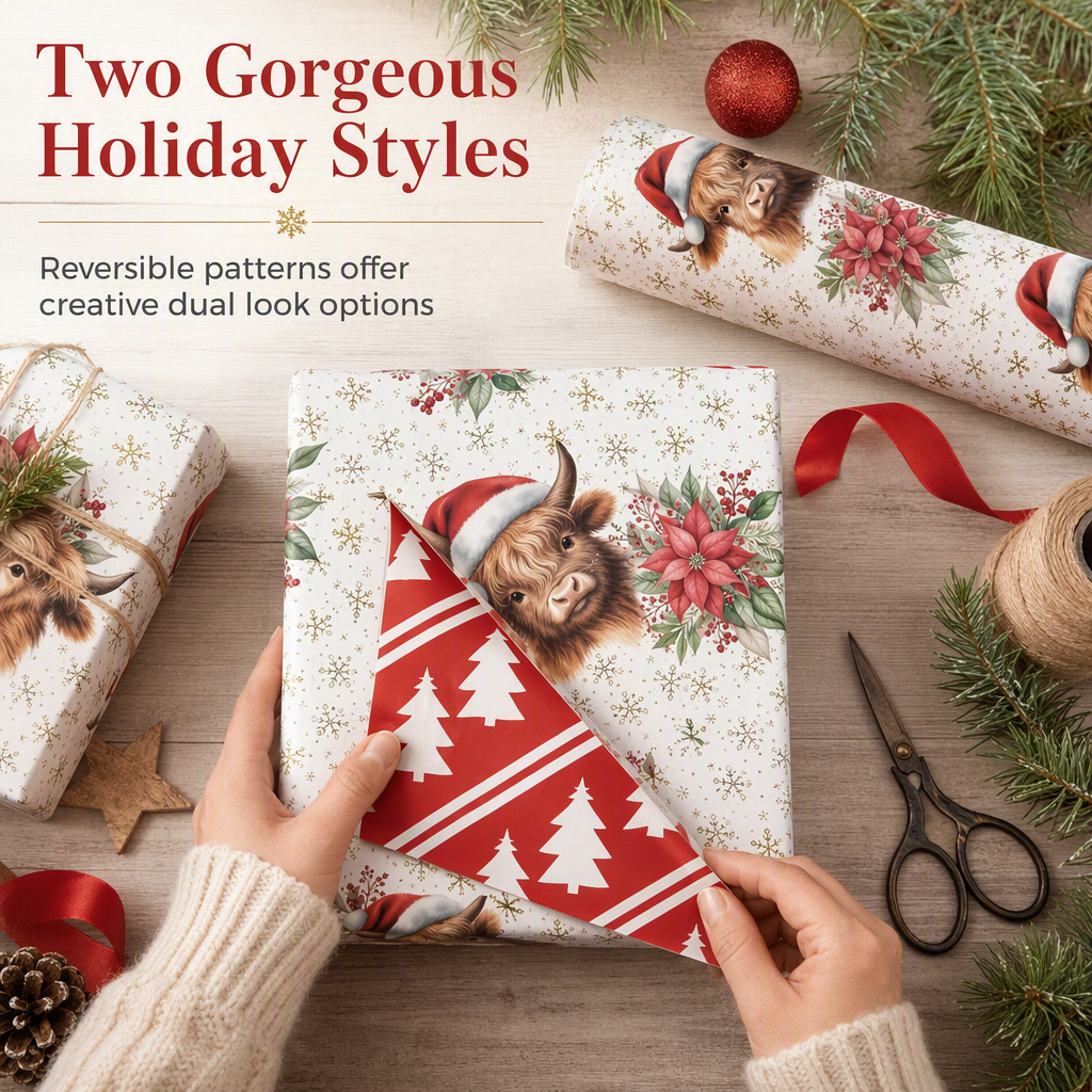 ⏳Time-Limited Special⏰ Christmas Highland Cow Floral Wrapping Paper Roll – Double-sided, Thick, Large Roll ✨