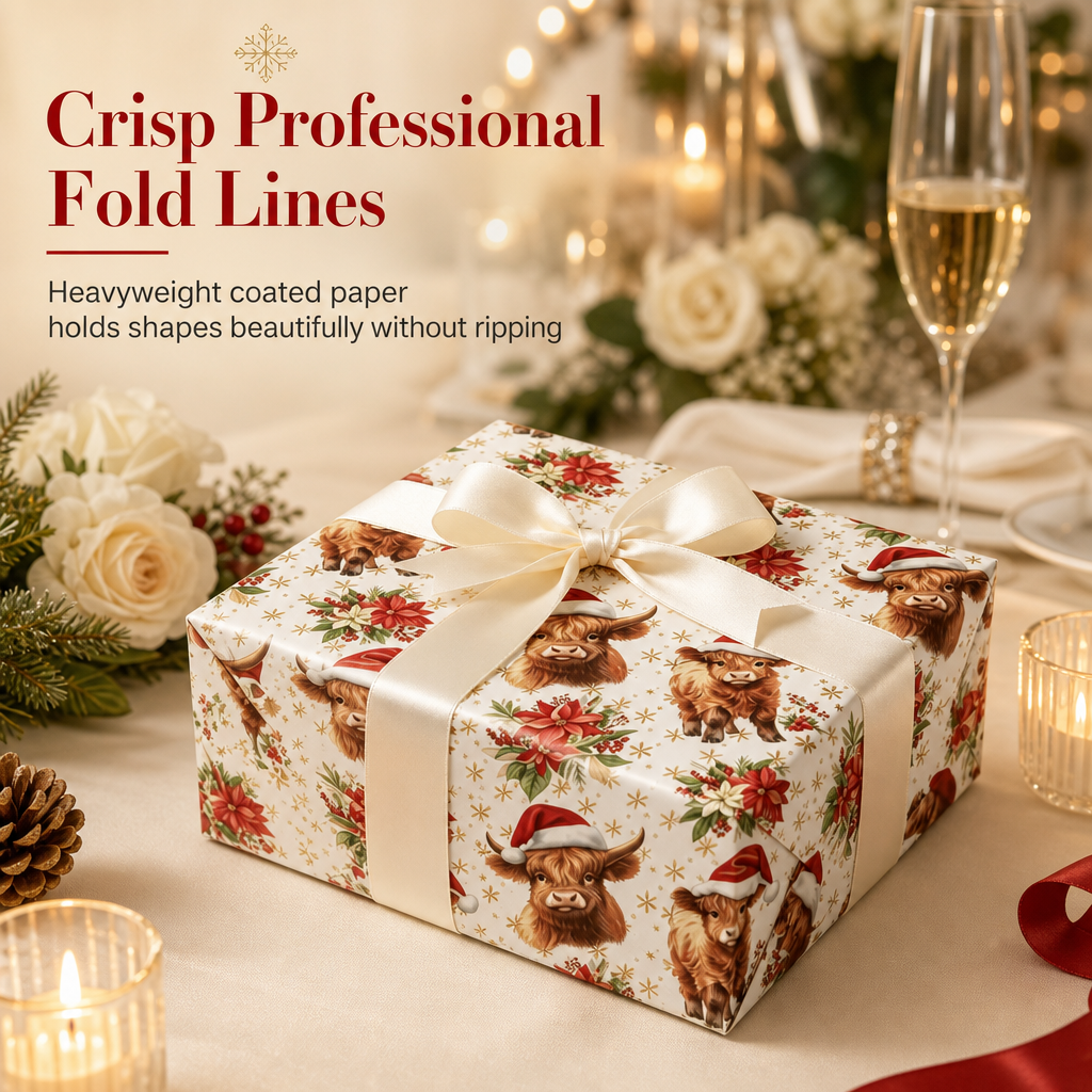 ⏳Time-Limited Special⏰ Christmas Highland Cow Floral Wrapping Paper Roll – Double-sided, Thick, Large Roll ✨