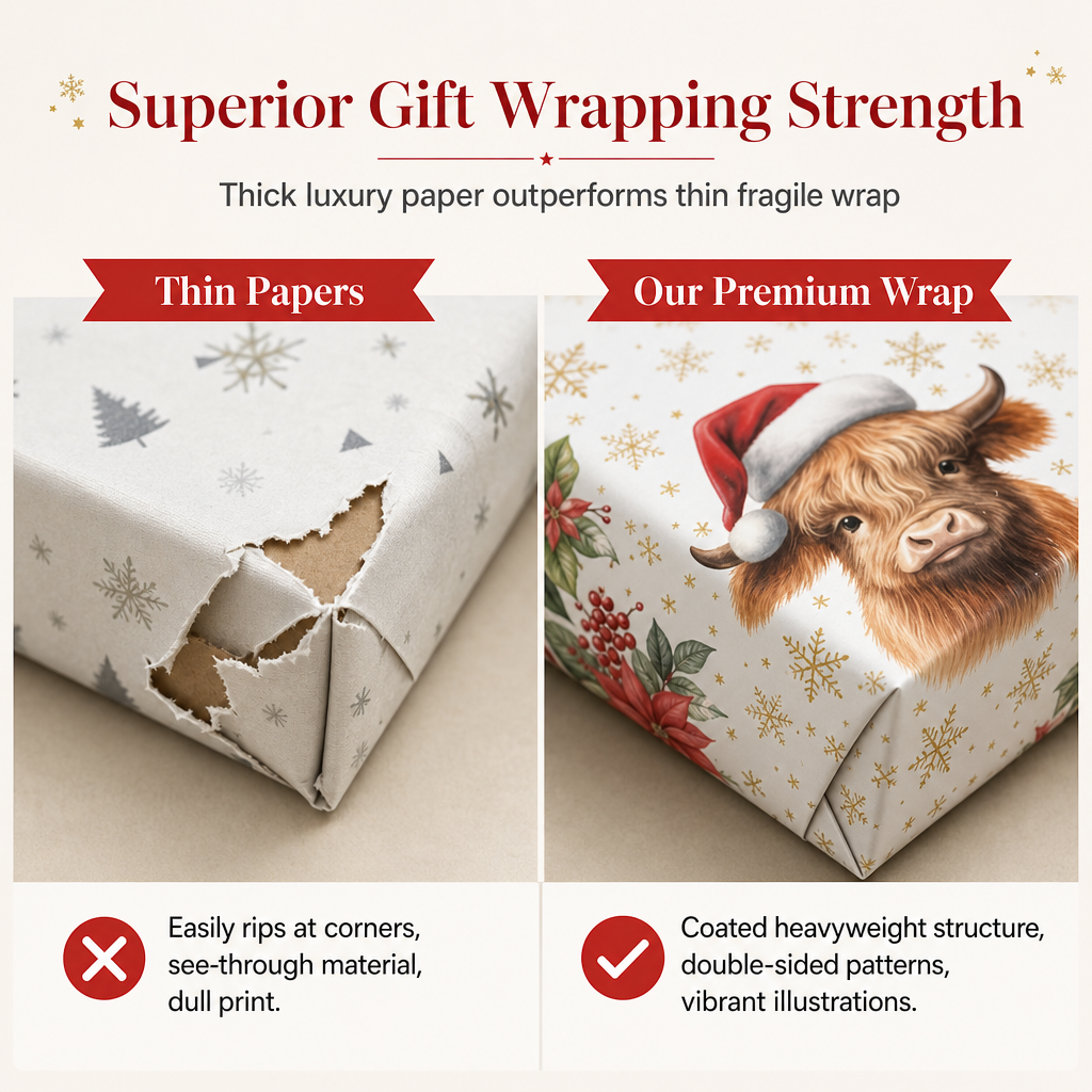 ⏳Time-Limited Special⏰ Christmas Highland Cow Floral Wrapping Paper Roll – Double-sided, Thick, Large Roll ✨