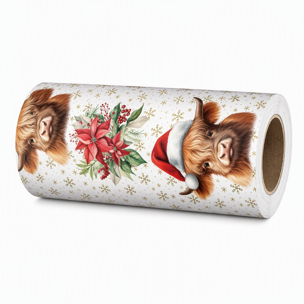 ⏳Time-Limited Special⏰ Christmas Highland Cow Floral Wrapping Paper Roll – Double-sided, Thick, Large Roll ✨