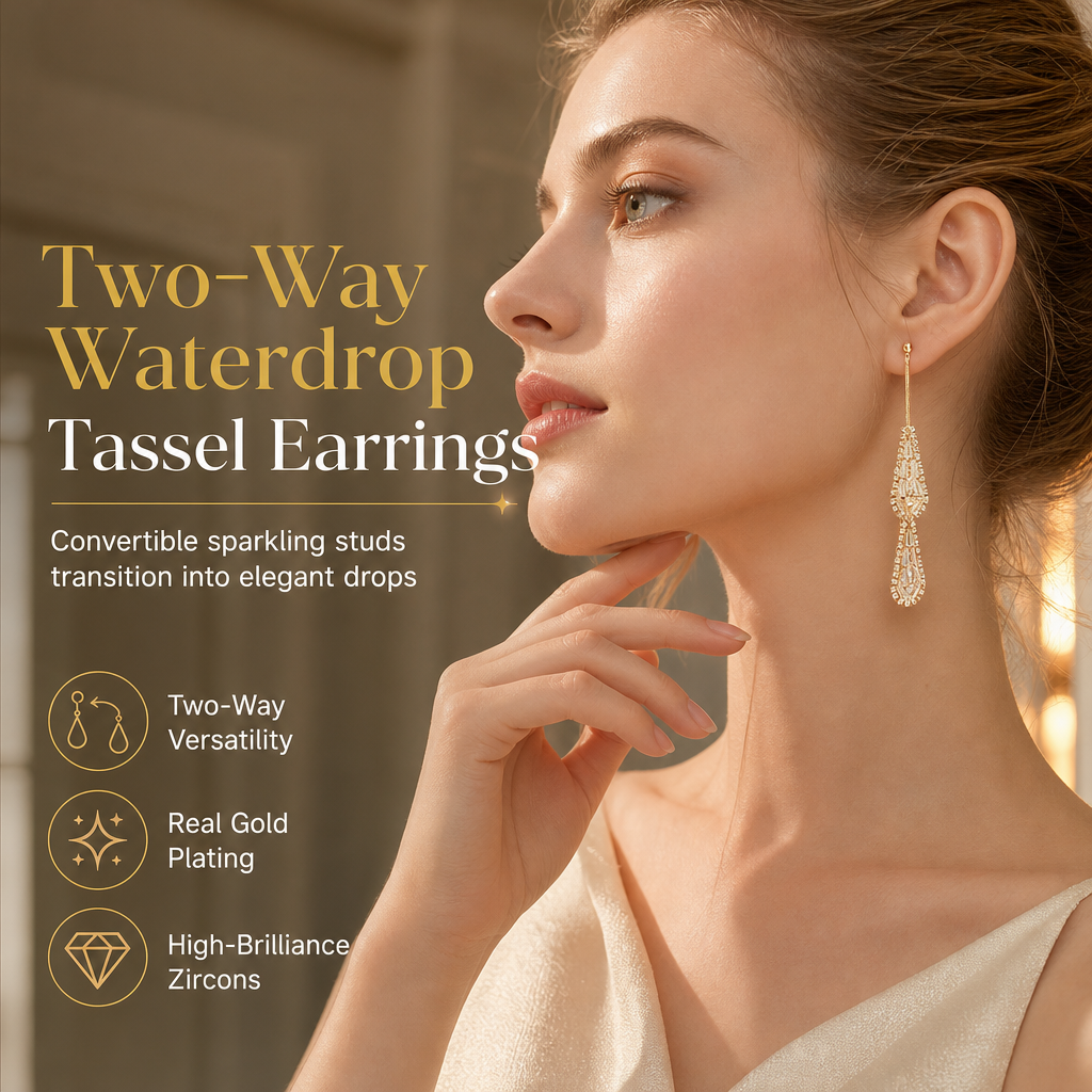 Women's Dual Wear Zircon Water Drop Tassel Earrings Gold Plated Elegant Drop Earrings