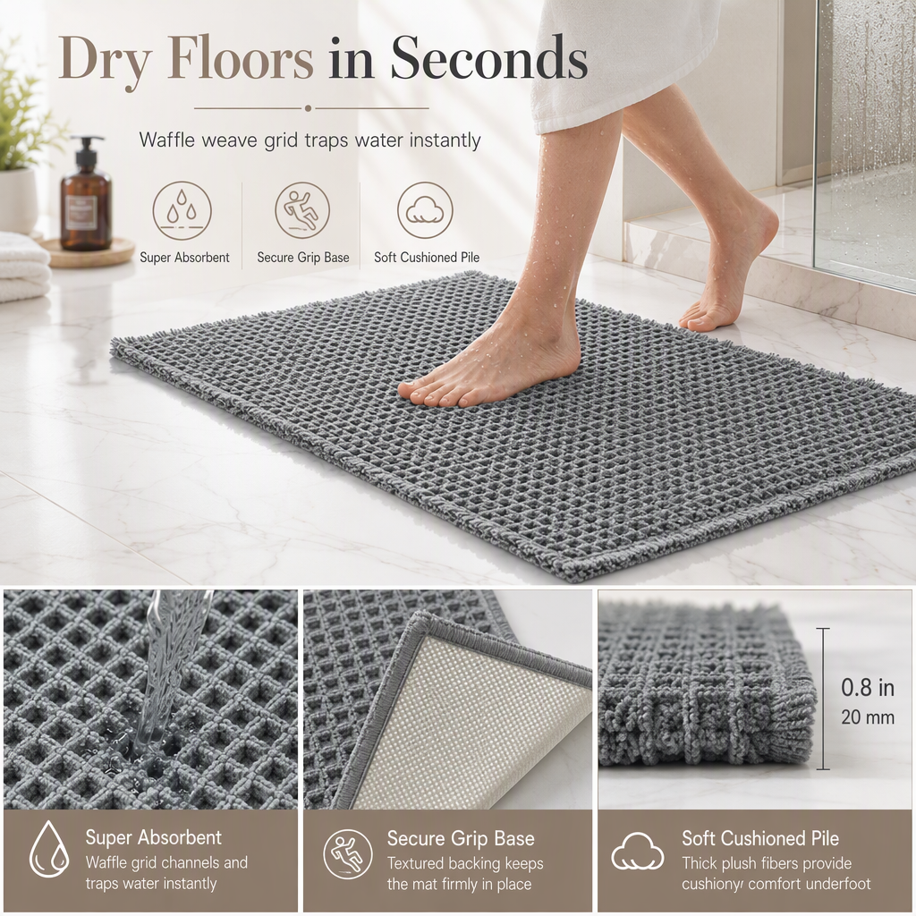 Non Slip Water Absorbent Waffle Weave Bathroom Mat Solid Color Entrance Doormat