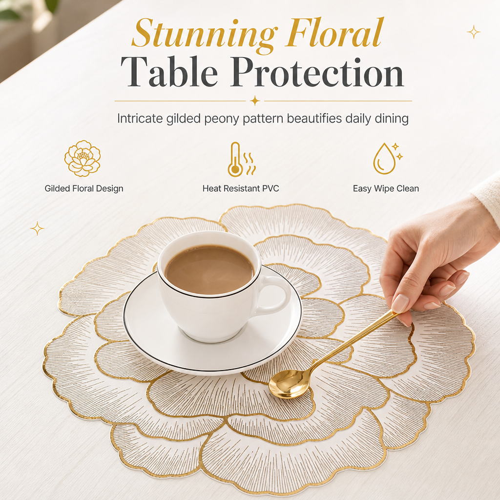 🍽️🔥Nordic‑Style Metallic‑Gilded Hollow‑Peony PVC Placemat | Water‑Oil‑Repellent Wipe‑Clean🌸