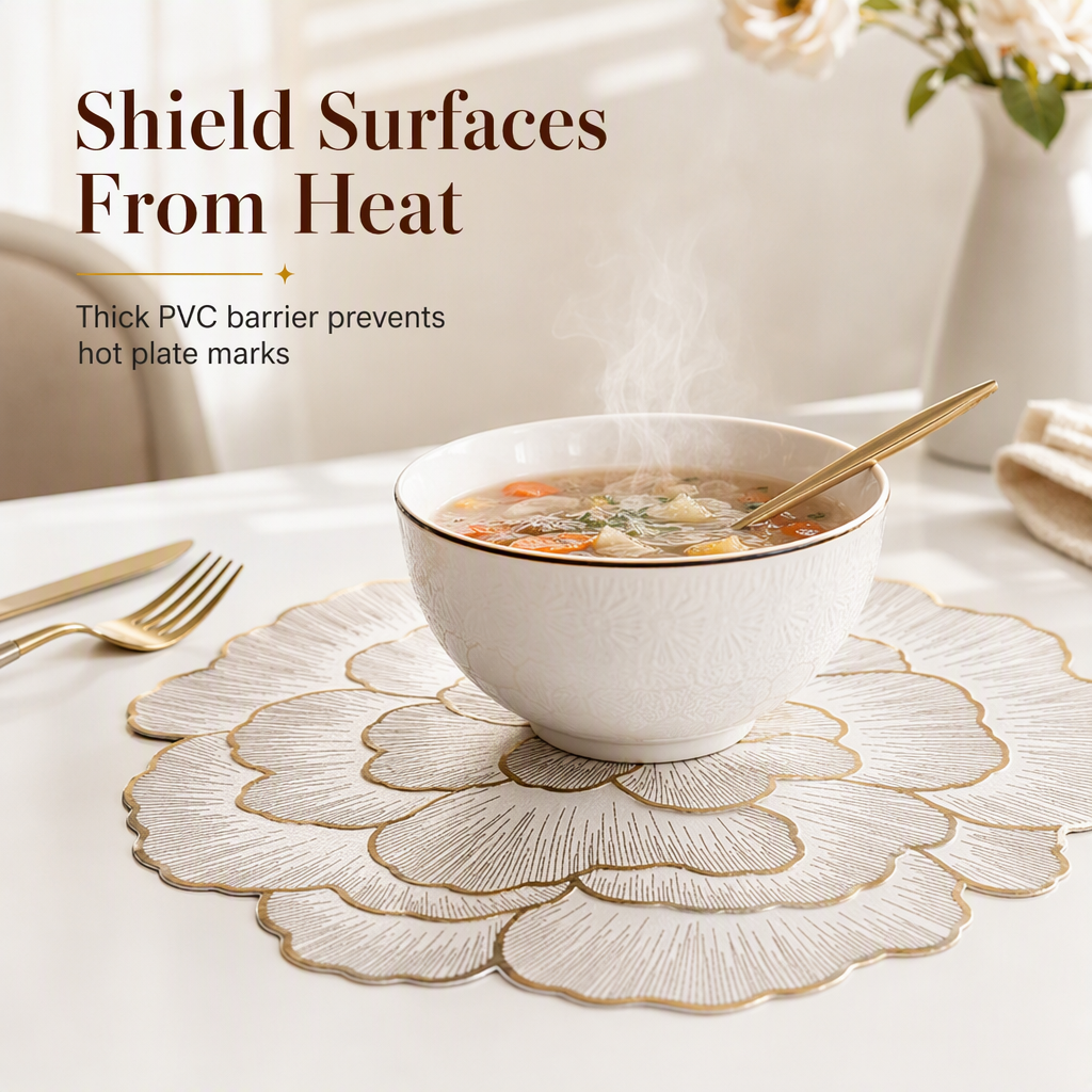🍽️🔥Nordic‑Style Metallic‑Gilded Hollow‑Peony PVC Placemat | Water‑Oil‑Repellent Wipe‑Clean🌸