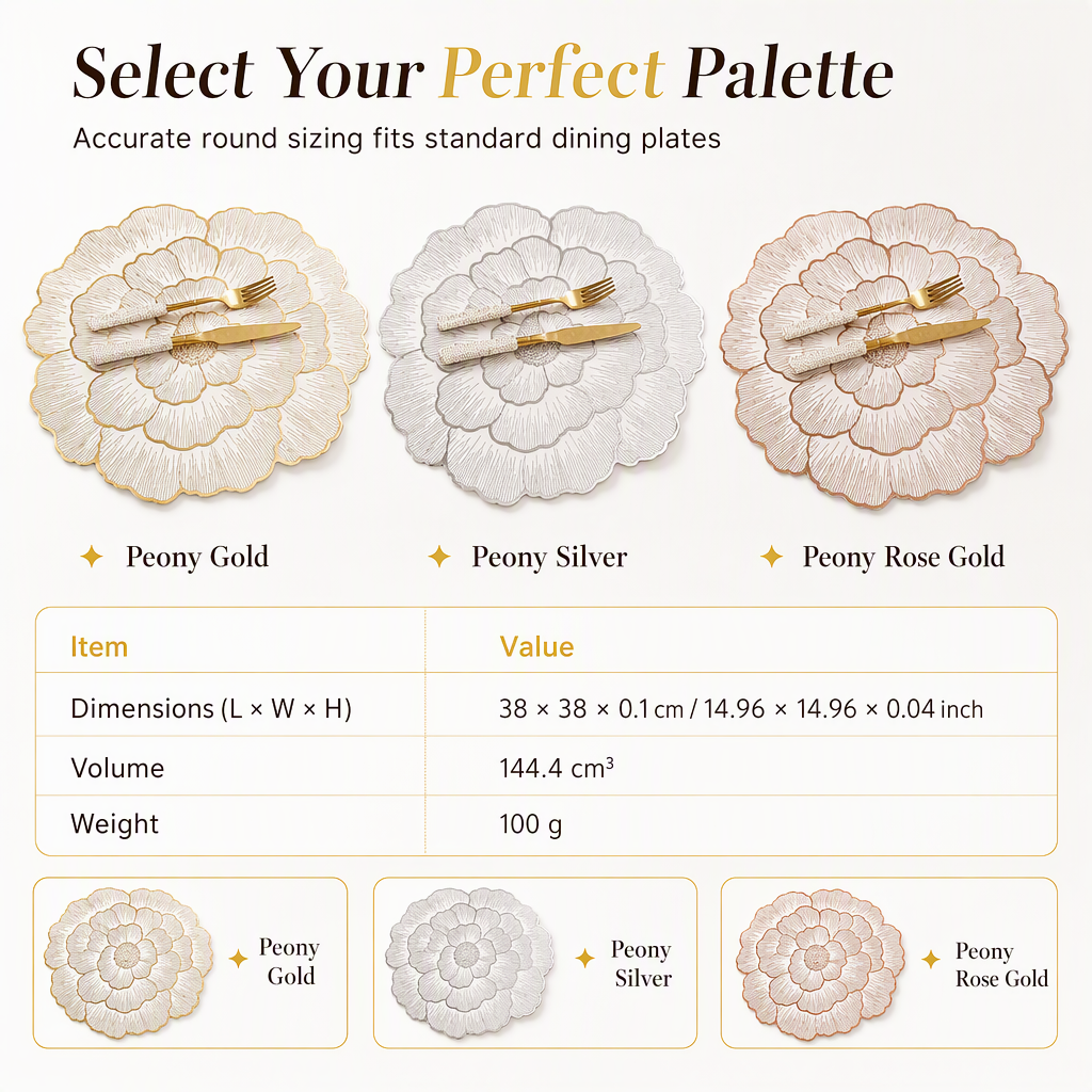 🍽️🔥Nordic‑Style Metallic‑Gilded Hollow‑Peony PVC Placemat | Water‑Oil‑Repellent Wipe‑Clean🌸