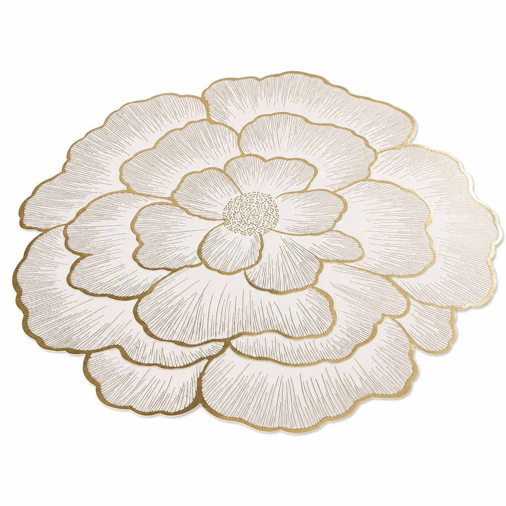 🍽️🔥Nordic‑Style Metallic‑Gilded Hollow‑Peony PVC Placemat | Water‑Oil‑Repellent Wipe‑Clean🌸