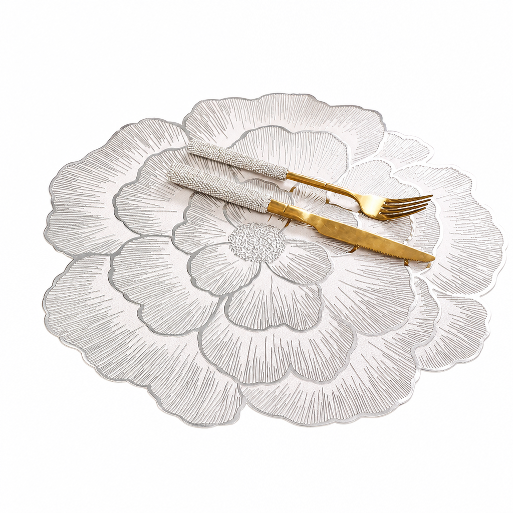 🍽️🔥Nordic‑Style Metallic‑Gilded Hollow‑Peony PVC Placemat | Water‑Oil‑Repellent Wipe‑Clean🌸