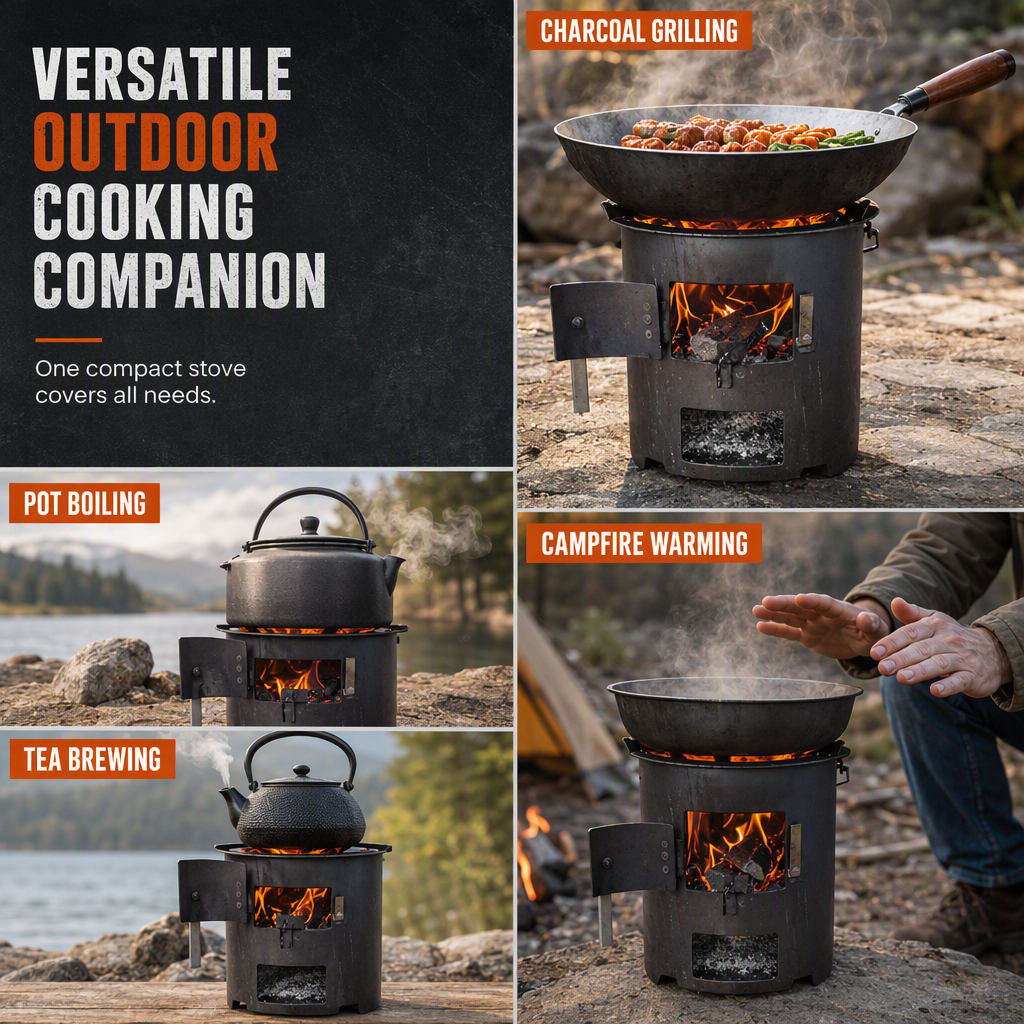 🔥 50% OFF!🍳 Portable Multi-Functional Camping Stove – Efficient Heat & Cooking System, Durable Metal Design, Easy Carry for Outdoor Adventures 🏕️💪