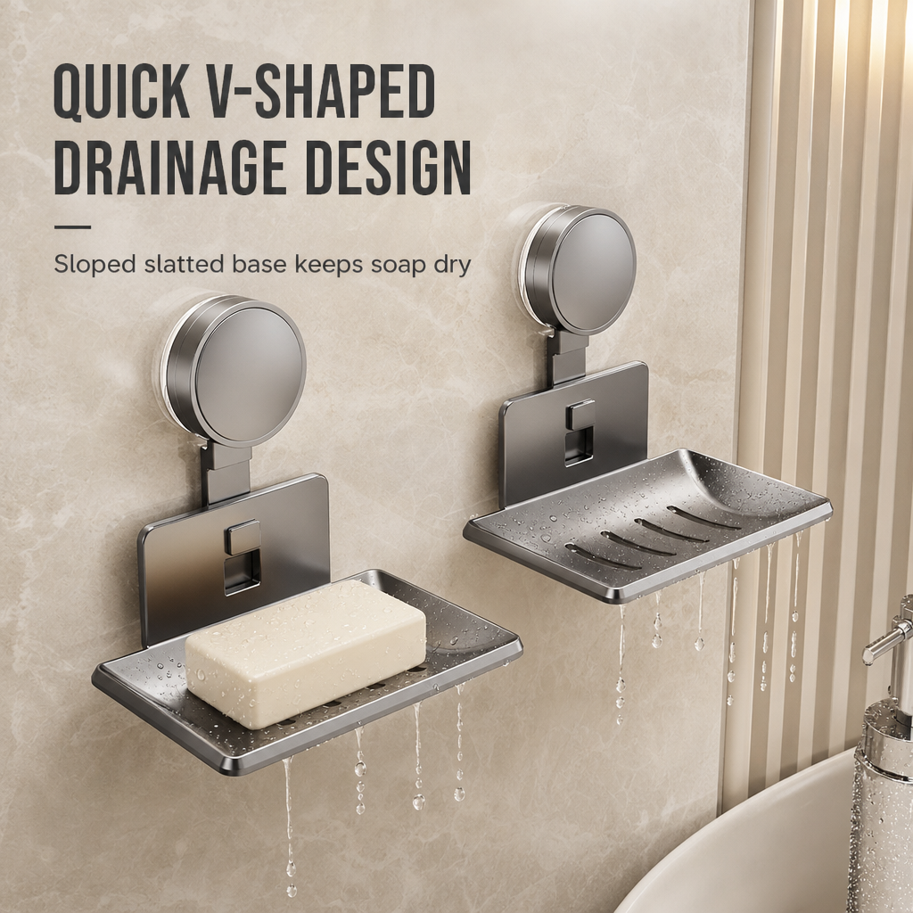 🧼 Vacuum Suction Soap Dish: V-Shaped Drainage, Rustproof Aluminum, No Drilling, Twist-Lock