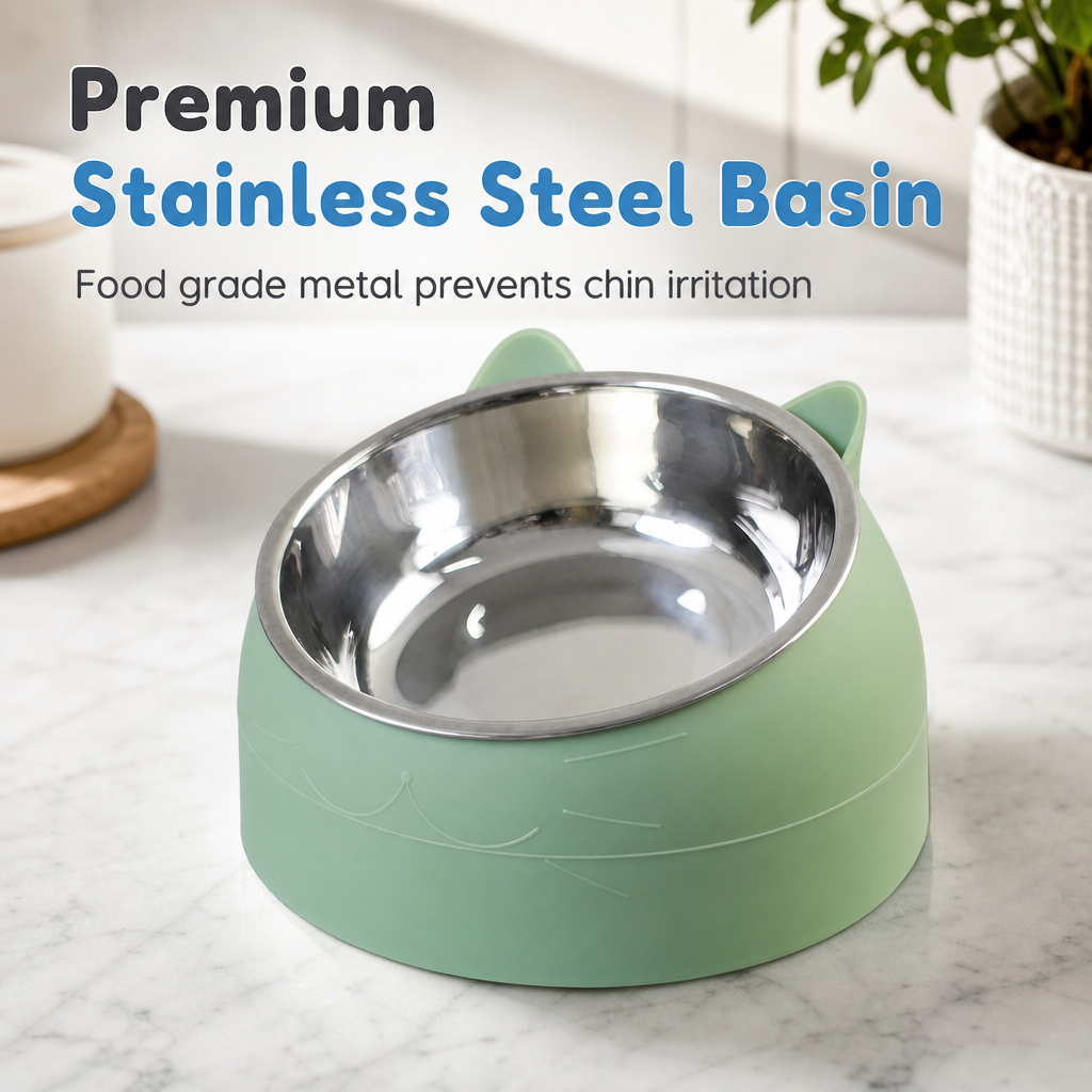 Cartoon Cat Shaped Stainless Steel Pet Bowl Dual Use Food and Water Feeder for Cats and Small Dogs