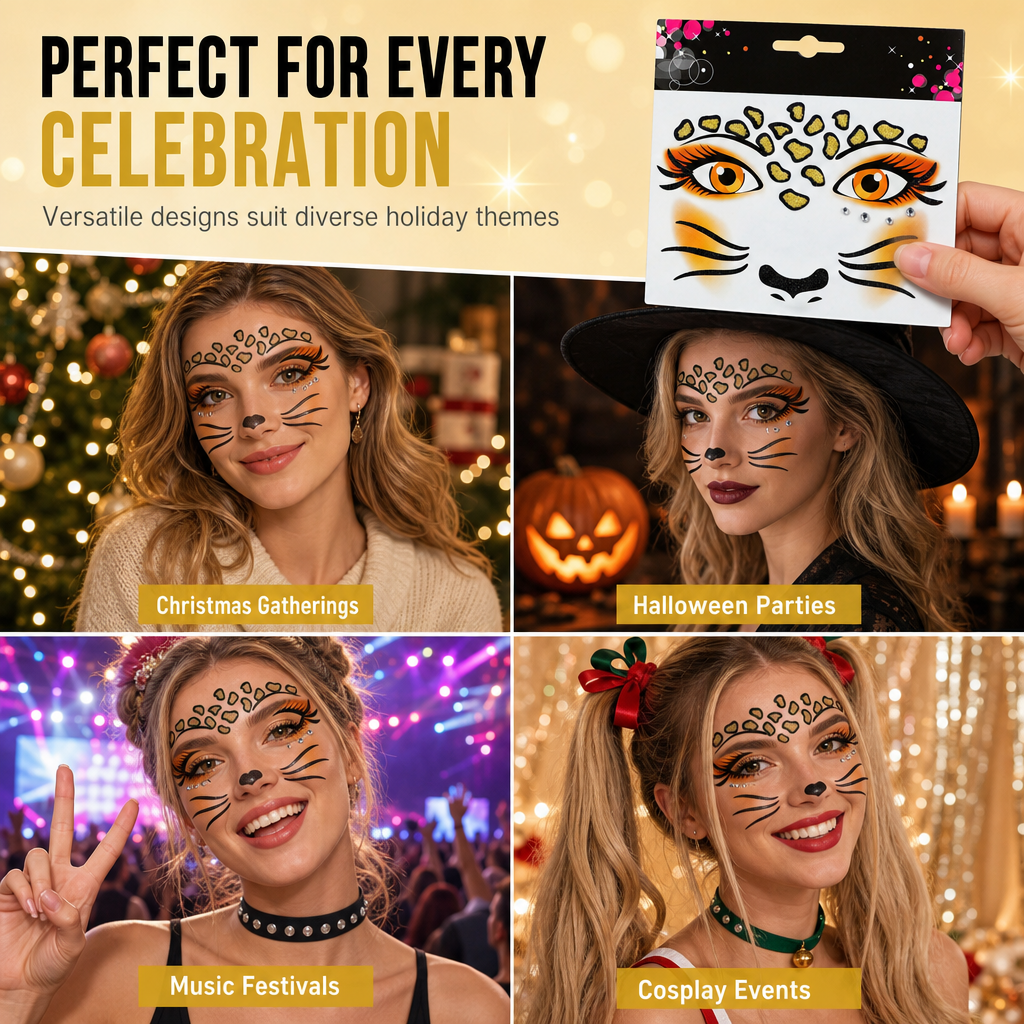 📢📢50% OFF !! ⏰ Christmas Holiday Temporary Face Tattoo Stickers – Animal Designs, Glitter Face Gems ✨