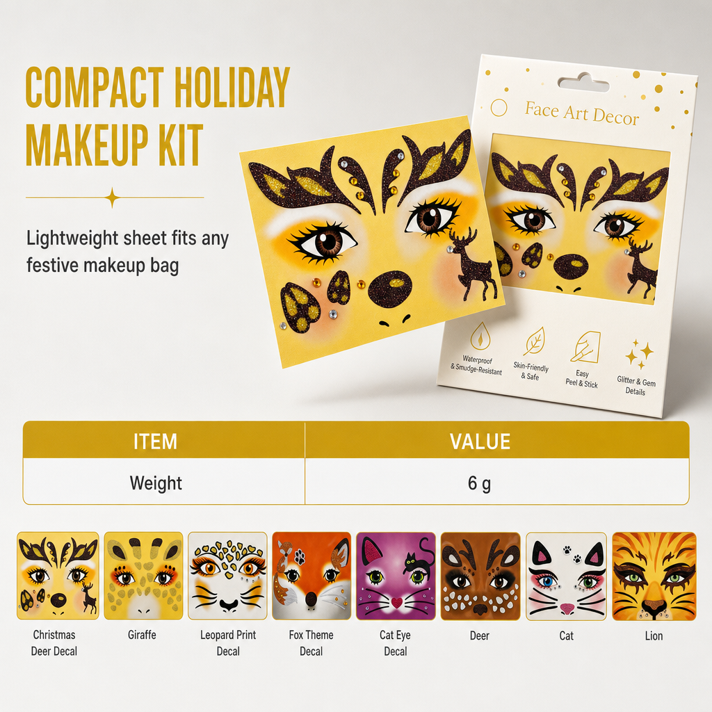 📢📢50% OFF !! ⏰ Christmas Holiday Temporary Face Tattoo Stickers – Animal Designs, Glitter Face Gems ✨