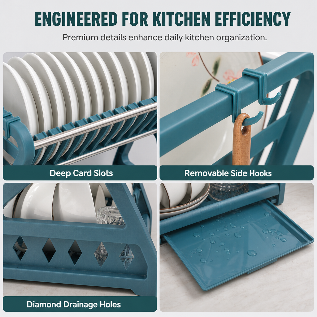 🍽️ ⚡ Multi-Layer Steel Dish Drying Rack – Vertical Storage, Drip Tray, Tool-Free Install ✨