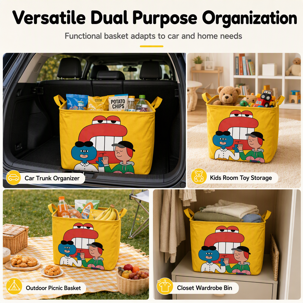 Cute Cartoon Folding Car Trunk Organizer Bin Large Capacity Collapsible Storage Basket for Sundries