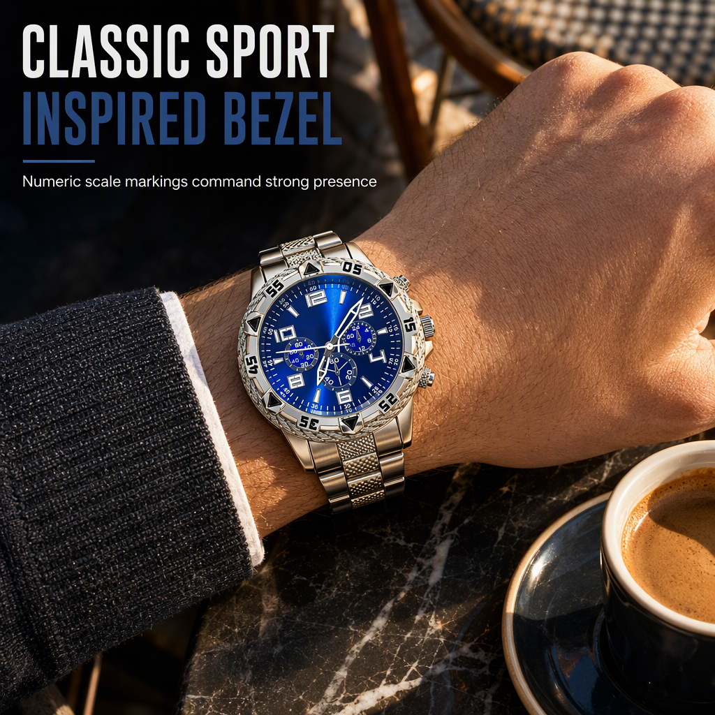 ✨⌚️Men's Steel Band Quartz Watch with Blue Light Glass and Decorative Three Eye Dial