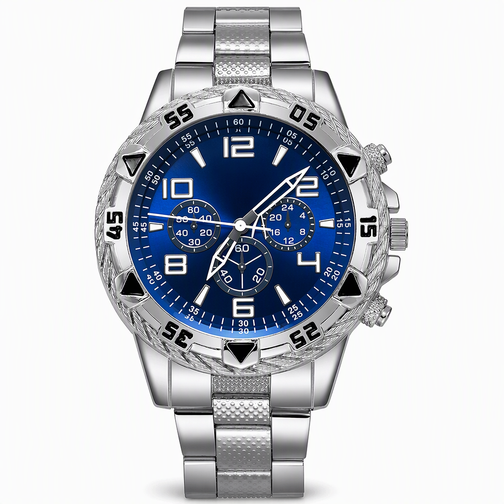✨⌚️Men's Steel Band Quartz Watch with Blue Light Glass and Decorative Three Eye Dial
