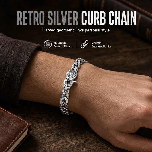 Vintage Silver Plated Rotatable Six Character Mantra for Men Wide Band Spinning Buddhist Jewelry