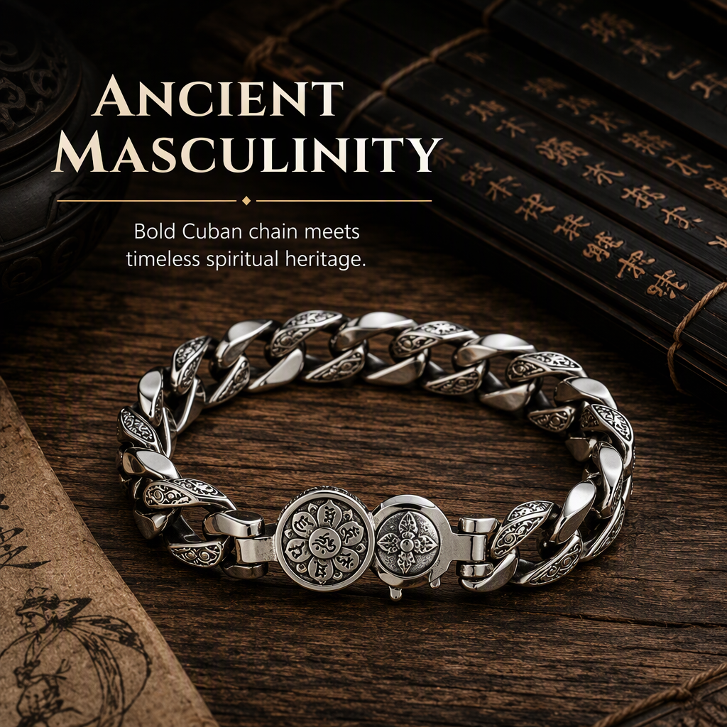 Vintage Silver Plated Rotatable Six Character Mantra for Men Wide Band Spinning Buddhist Jewelry