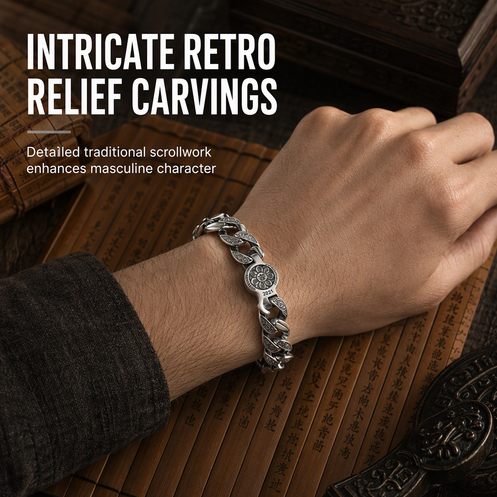 Vintage Silver Plated Rotatable Six Character Mantra for Men Wide Band Spinning Buddhist Jewelry
