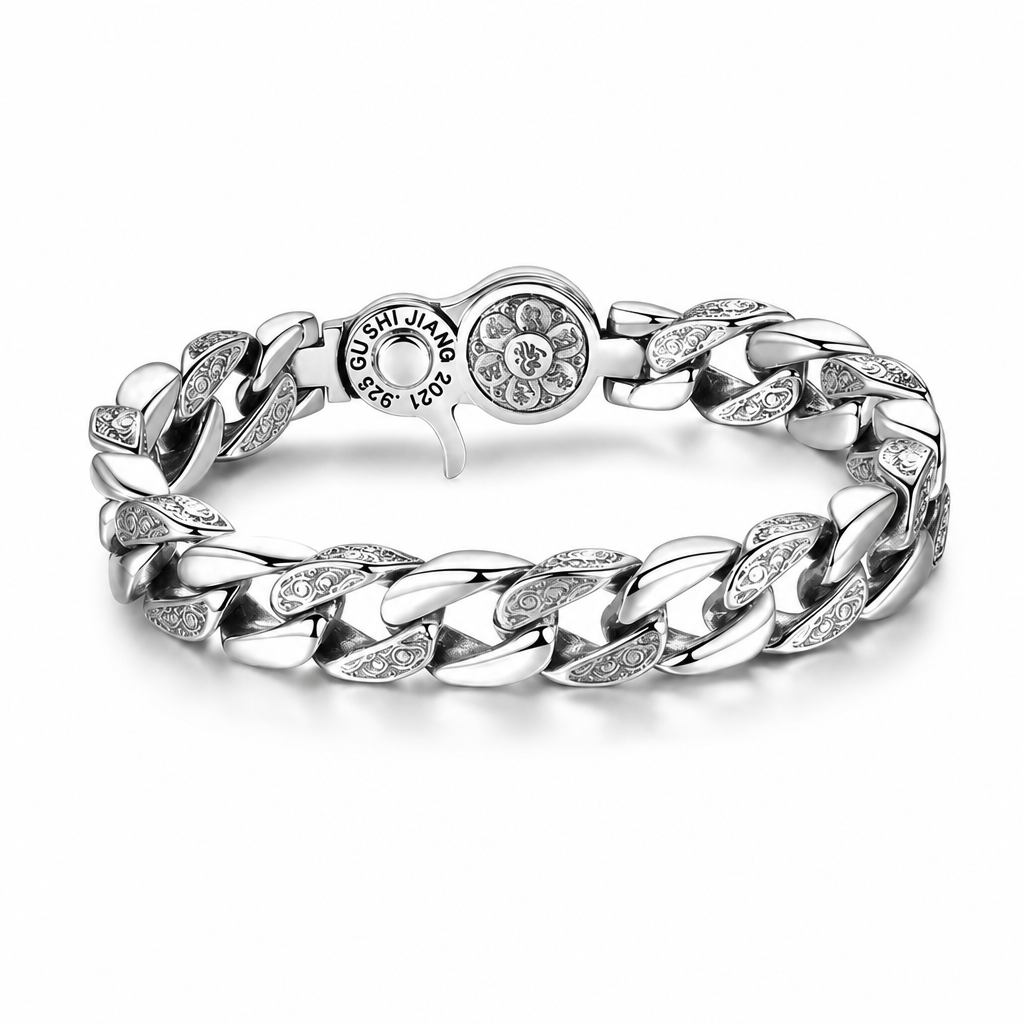 Vintage Silver Plated Rotatable Six Character Mantra for Men Wide Band Spinning Buddhist Jewelry