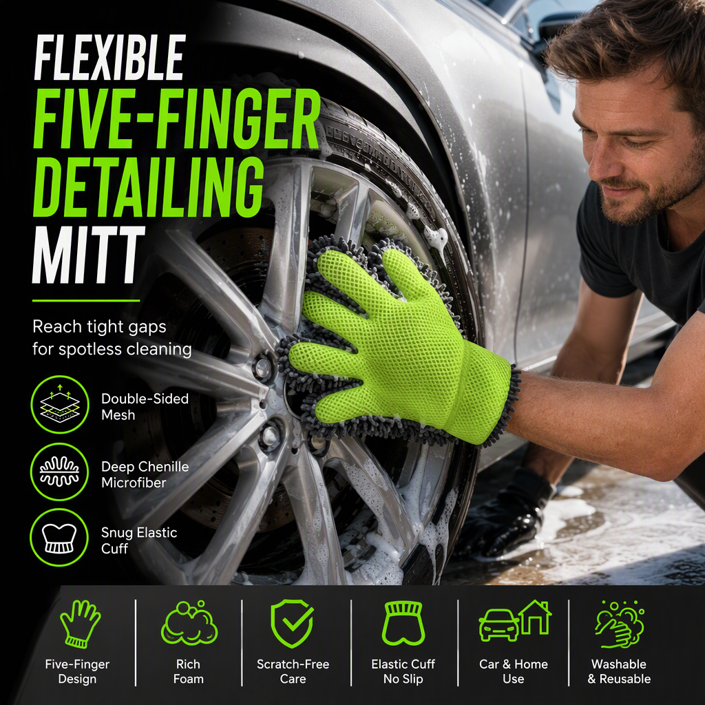 Thickened Plush Five Finger Car Wash Glove with Sandwich Mesh for Vehicle Detailing and Household Cleaning