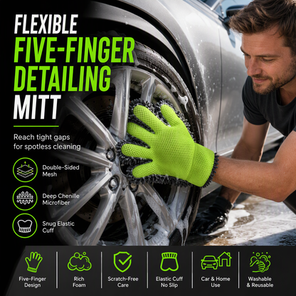 Thickened Plush Five Finger Car Wash Glove with Sandwich Mesh for Vehicle Detailing and Household Cleaning