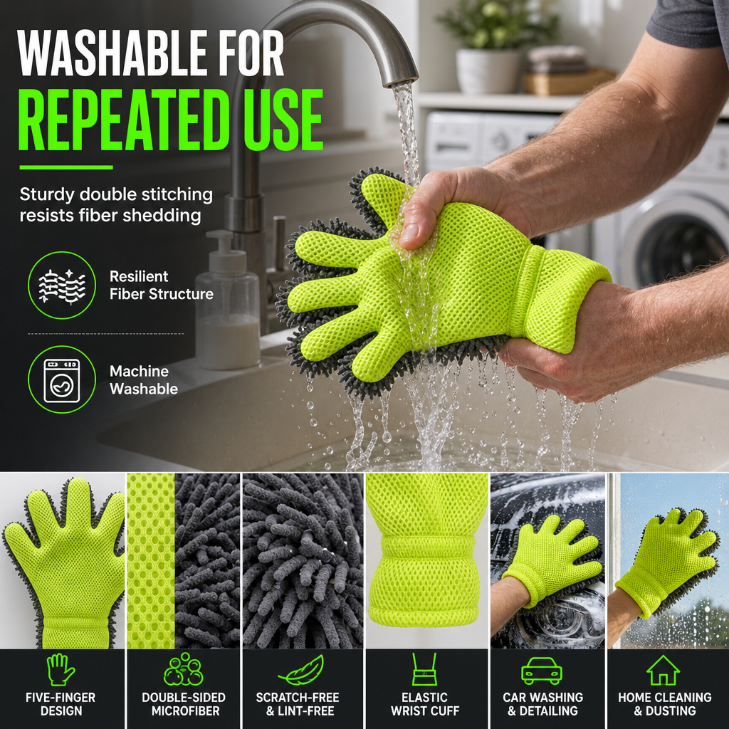 Thickened Plush Five Finger Car Wash Glove with Sandwich Mesh for Vehicle Detailing and Household Cleaning