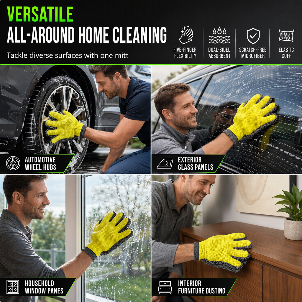 Thickened Plush Five Finger Car Wash Glove with Sandwich Mesh for Vehicle Detailing and Household Cleaning