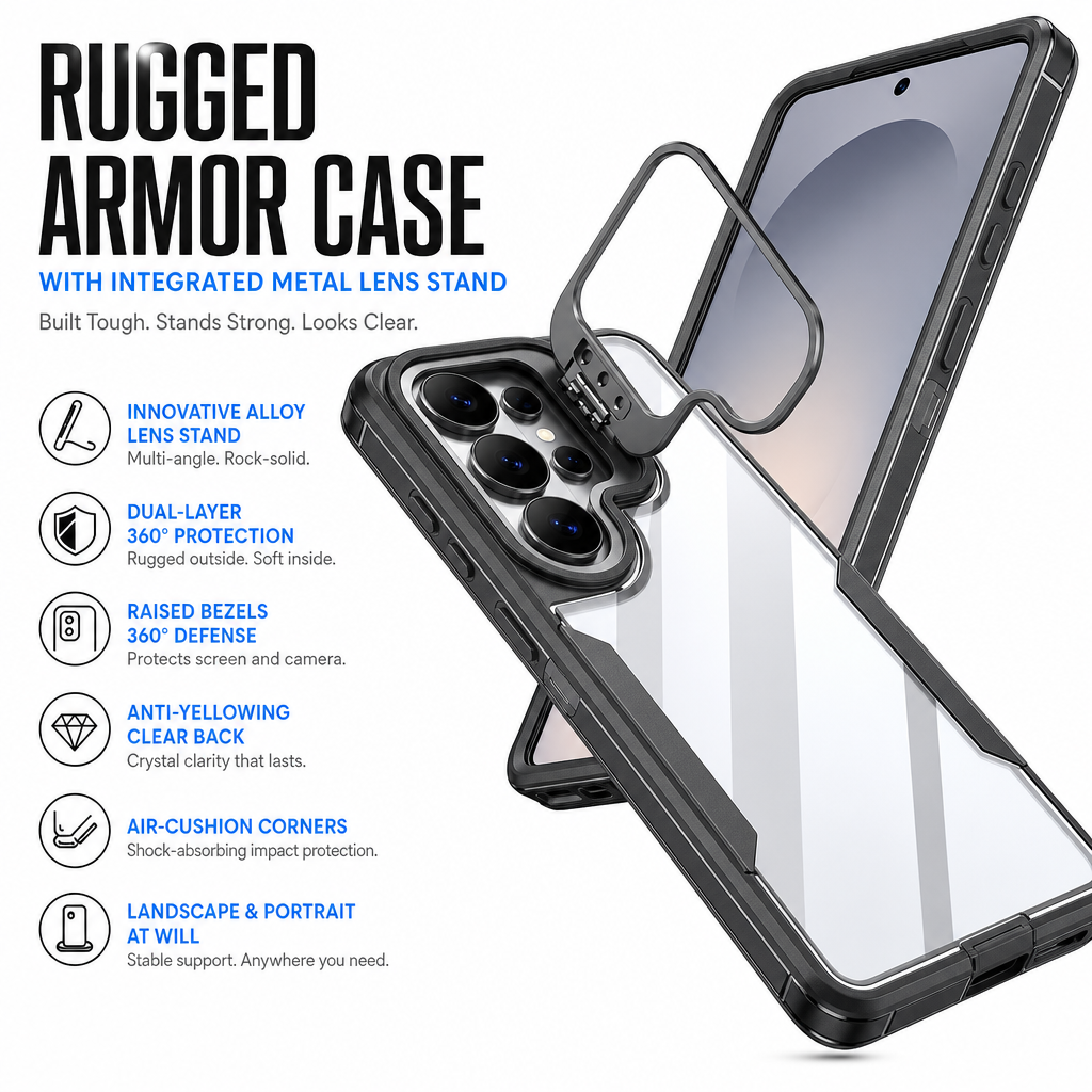 Shockproof Phone Case with Metal Lens Kickstand Protective Cover for Samsung Galaxy S26 S25 S24 S23 S22 Ultra Plus FE