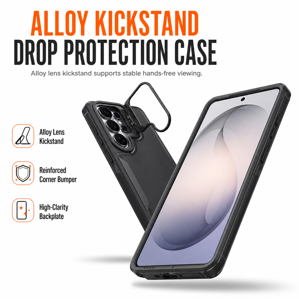 Shockproof Phone Case with Metal Lens Kickstand Protective Cover for Samsung Galaxy S26 S25 S24 S23 S22 Ultra Plus FE