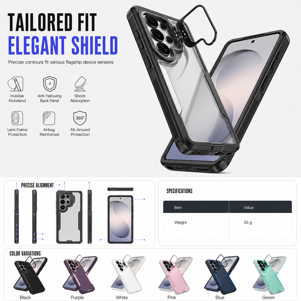 Shockproof Phone Case with Metal Lens Kickstand Protective Cover for Samsung Galaxy S26 S25 S24 S23 S22 Ultra Plus FE