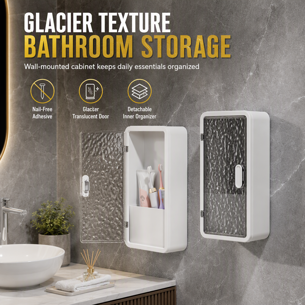 🛁 LIMITED-TIME 50% OFF! ✨ Wall-Mounted Bathroom Organizer – No-Drill, Glacier Texture & Drainage Slots