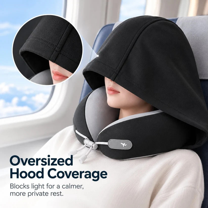 📢 50% OFF! Hooded Travel Neck Pillow – Shaded Rest & Adjustable Neck Support for Flights ✈️✨