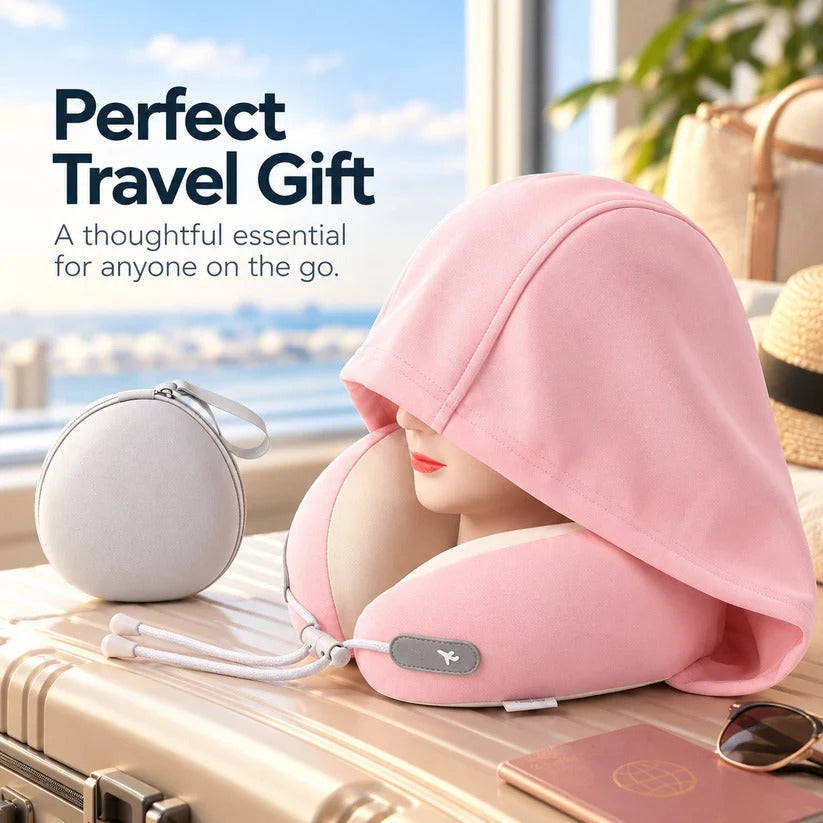 📢 50% OFF! Hooded Travel Neck Pillow – Shaded Rest & Adjustable Neck Support for Flights ✈️✨