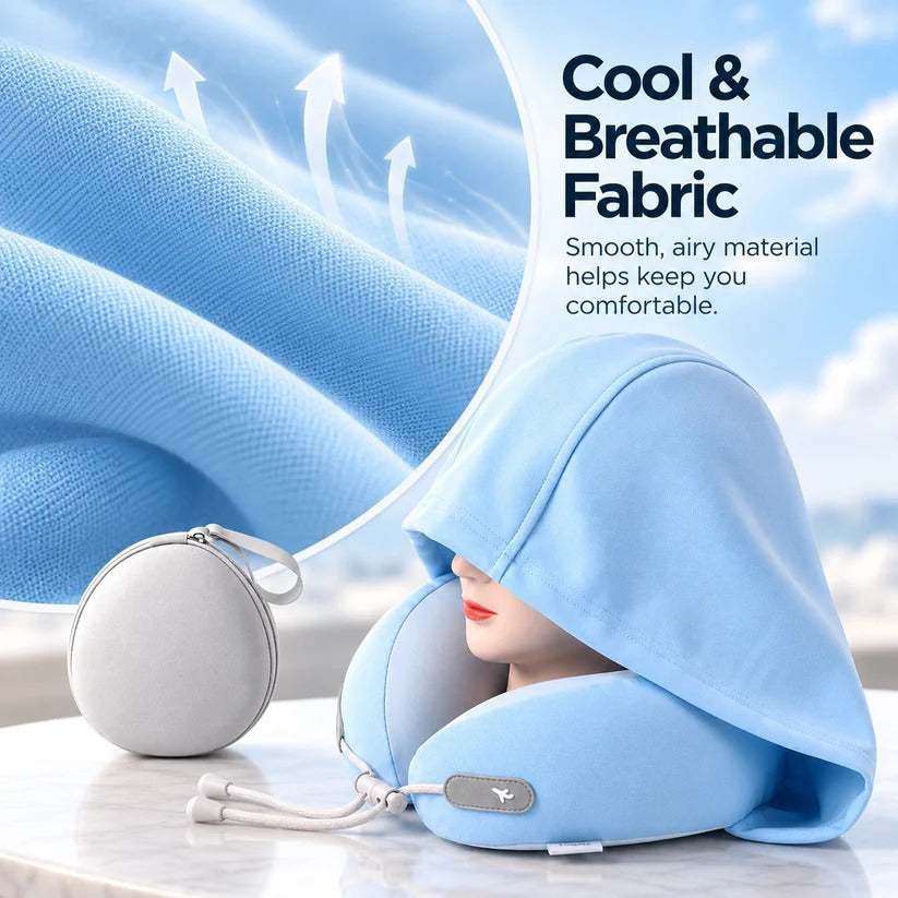 📢 50% OFF! Hooded Travel Neck Pillow – Shaded Rest & Adjustable Neck Support for Flights ✈️✨
